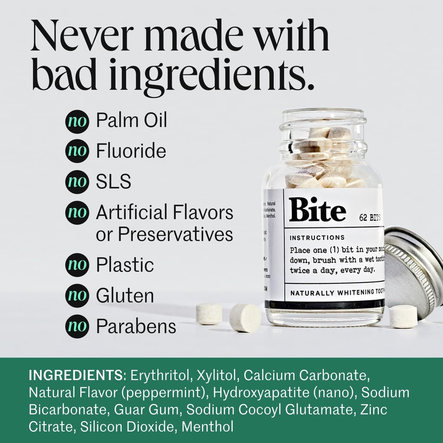 Bite Whitening Toothpaste Tablets – Nano Hydroxyapatite & Xylitol (Min