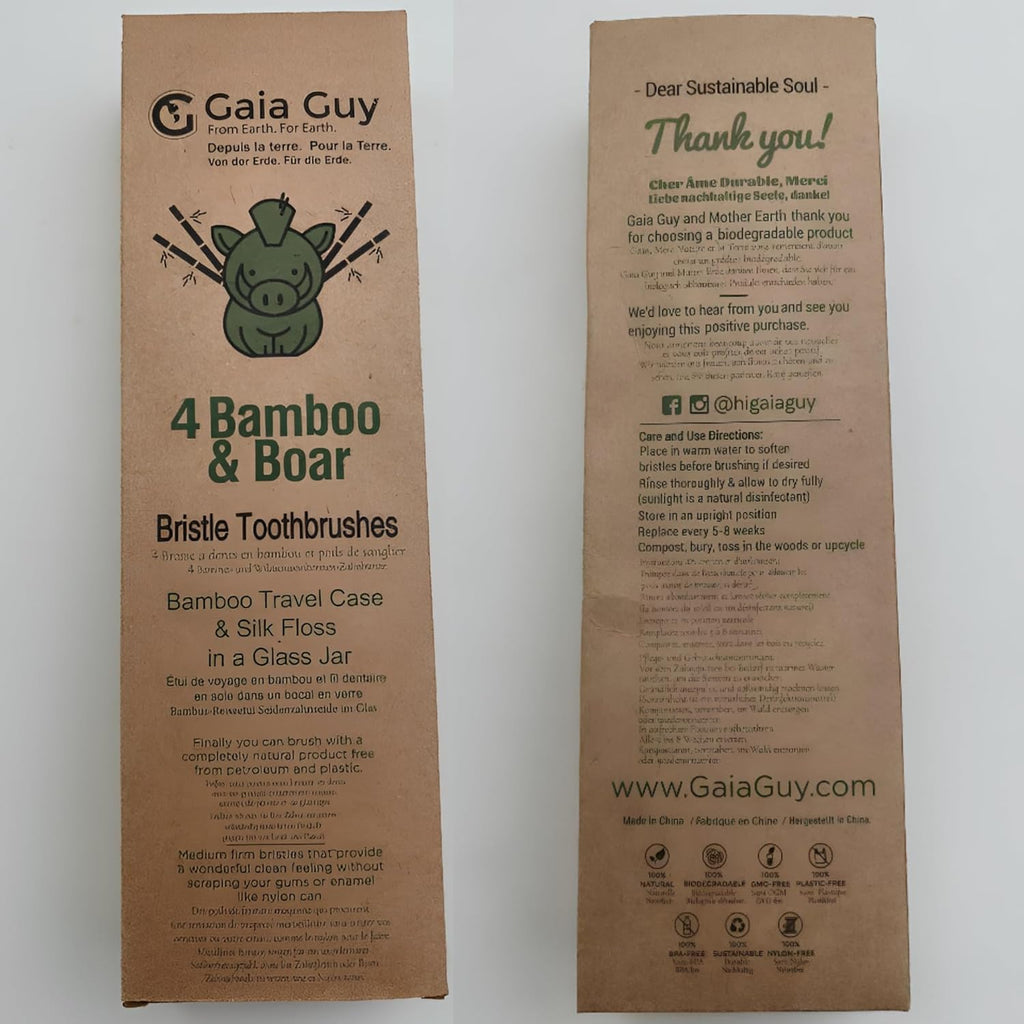 Bamboo and Boar Bristle Toothbrush (4 Pack) + Travel Case & Silk Dental Floss | 100% Compostable Bristles and Floss | Eco-Friendly Dental Set | Biodegradable & Compostable Wooden Toothbrushes