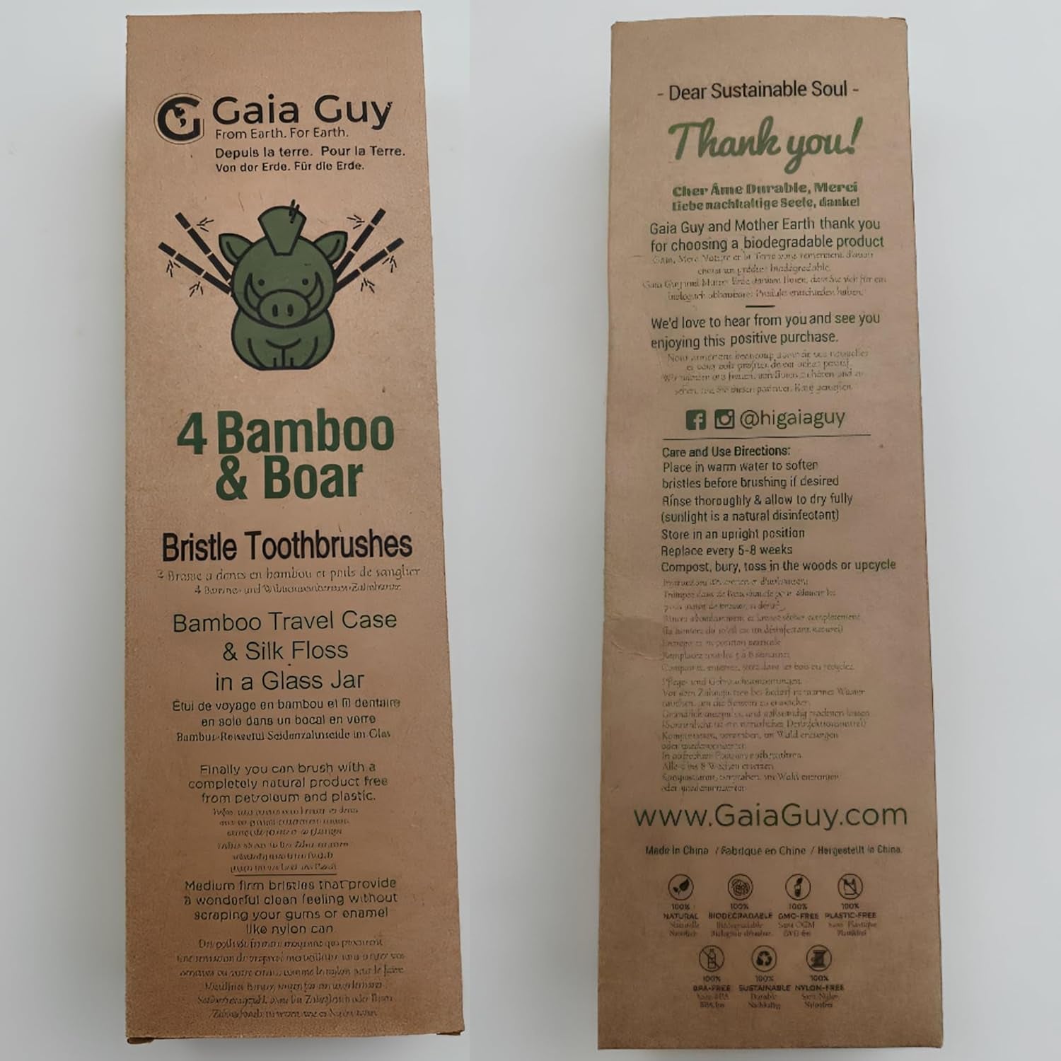 Bamboo and Boar Bristle Toothbrush (4 Pack) + Travel Case & Silk Dental Floss | 100% Compostable Bristles and Floss | Eco-Friendly Dental Set | Biodegradable & Compostable Wooden Toothbrushes