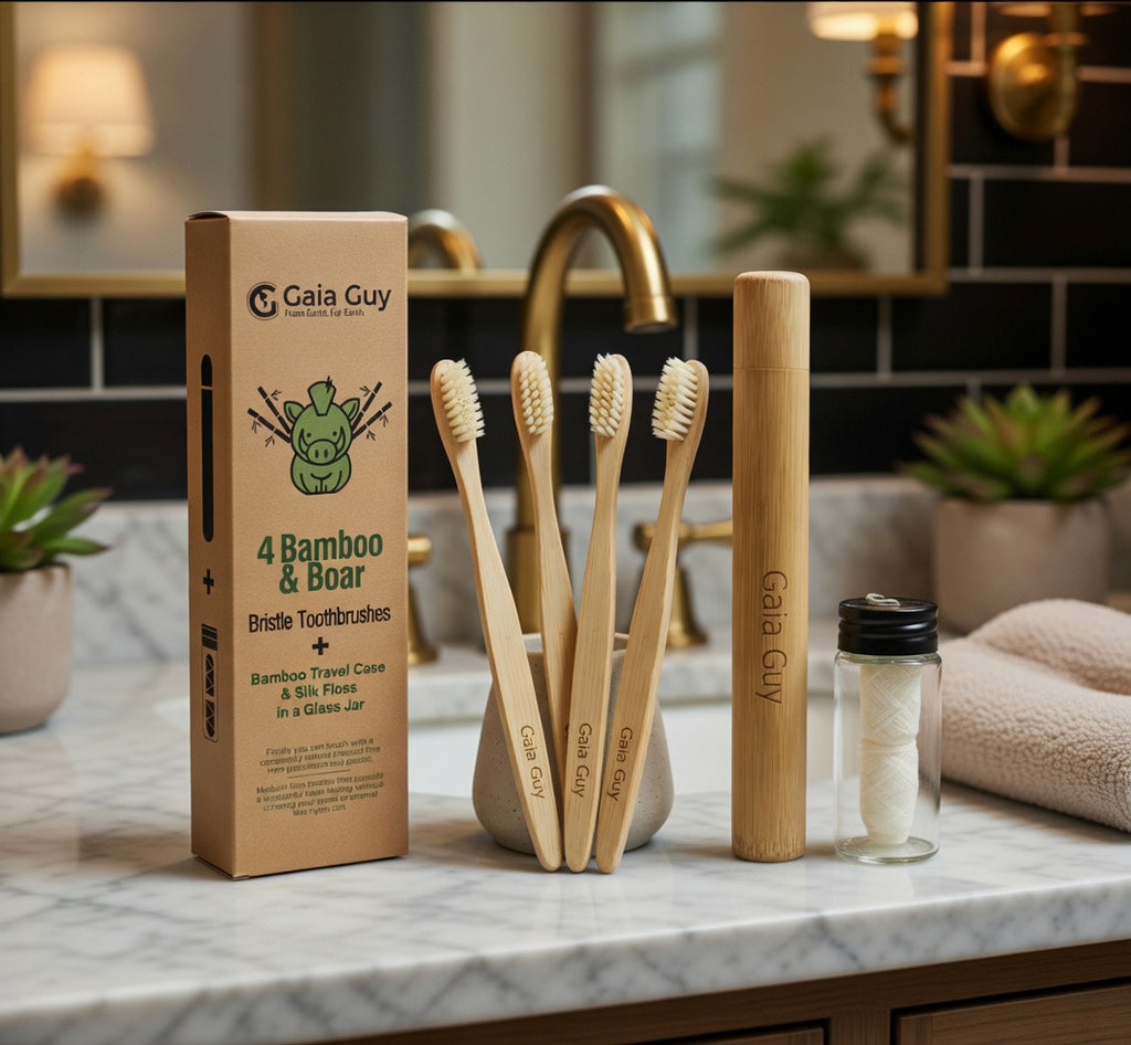 THE NATURAL DENTAL SET. Four (4) Bamboo and Boar Bristle Toothbrushes, Travel Case & Silk Dental Floss In Refillable Glass Jar.                   | 100% Compostable